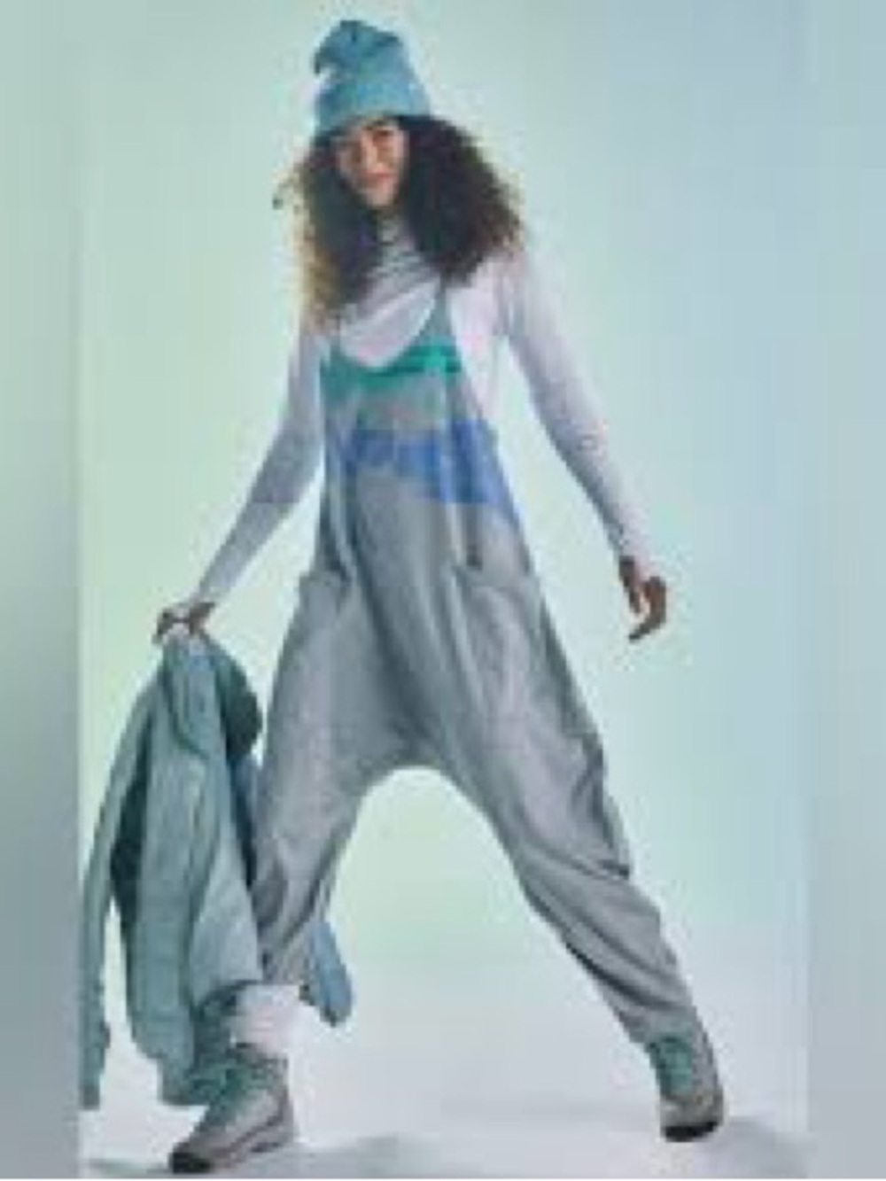 FP Movement by Free People Light Gray Harem Jumpsuit with Teal & Blue Accents